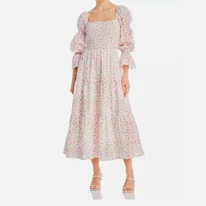 Lucy Paris White with Pink Flowers, Long Sleeve, Cottagecore Fall Dress